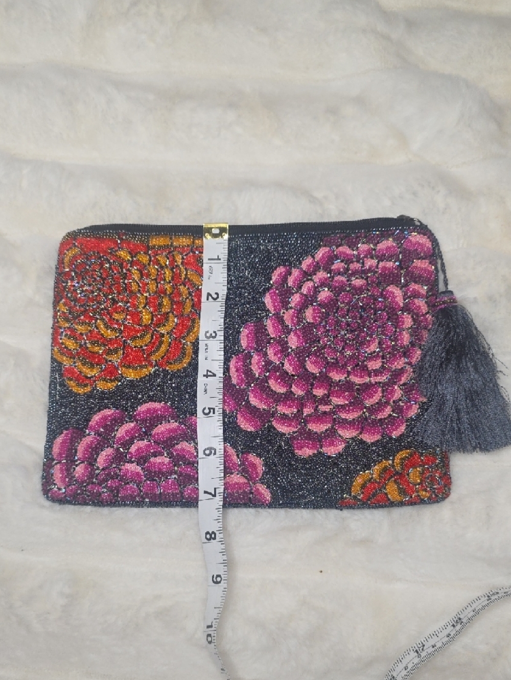 Beaded Embroidered Floral Zip Pouch Clutch - Black with Pink & Orange Flowers - Picture 5 of 6